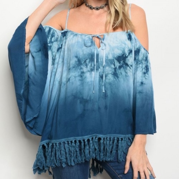 LAST 1! Bell Sleeve tassel fringe tie die blouse - Picture 2 of 8